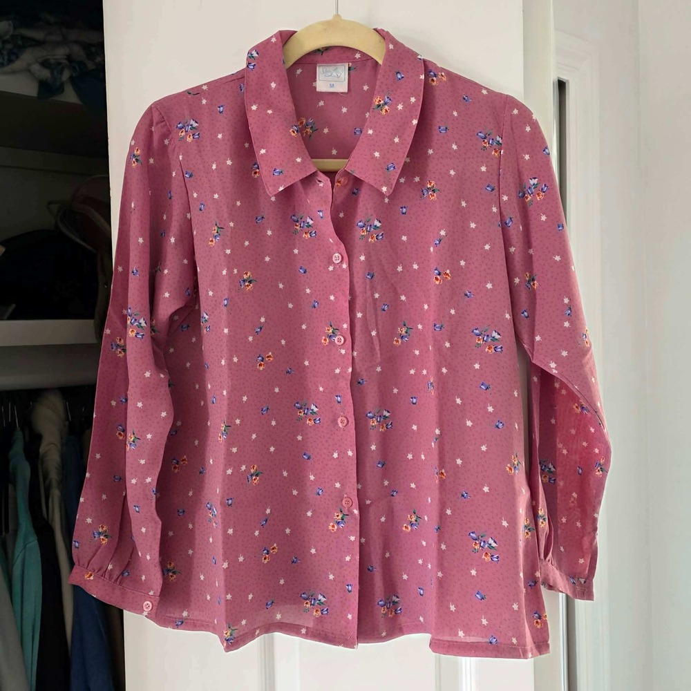 Vintage 60's Shun Lung Ditsy Floral Blouse Shirt M Pink Boho Cottagecore - Picture 2 of 8